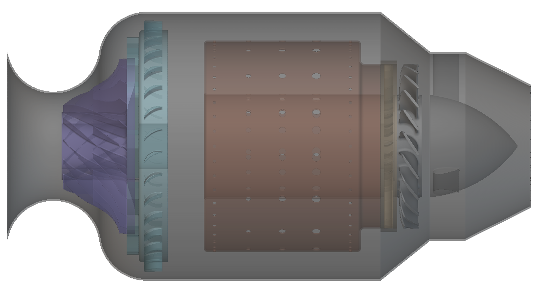 Turbojet engine cross-section: compressor, combustor, turbine
