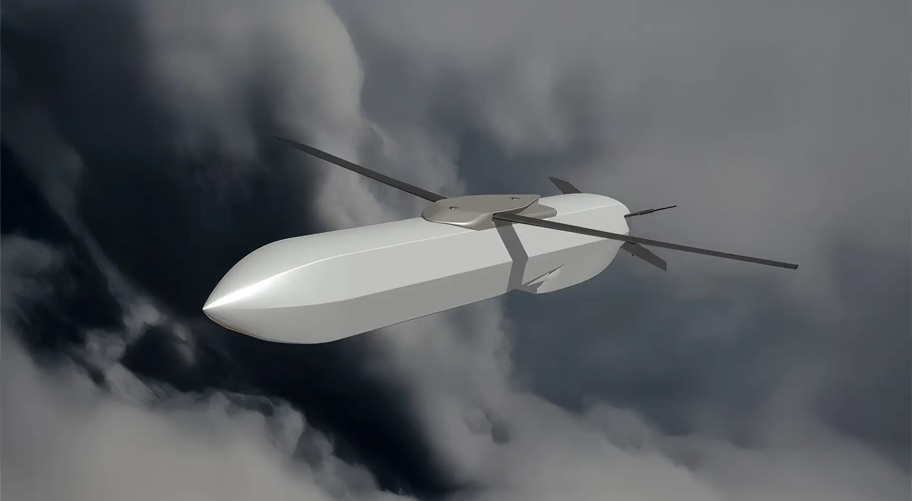 Conceptual rendering of an unmanned aerial vehicle in flight against a dramatic sky.